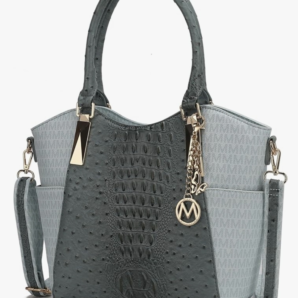 Gray Crocodile Textured Tote with Gold Accents